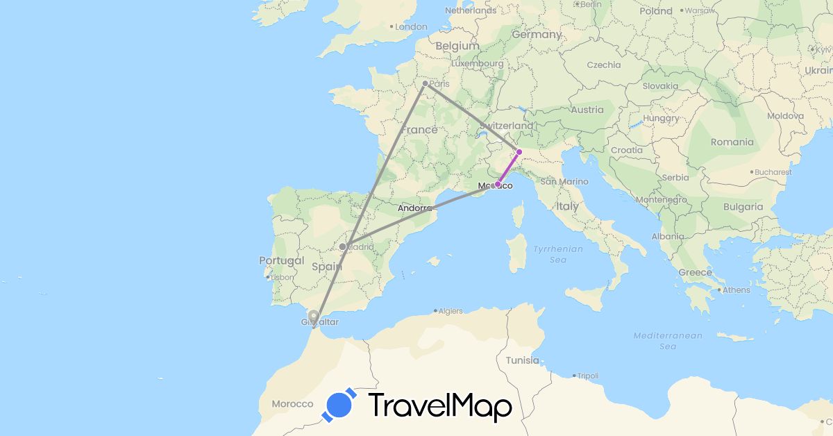 TravelMap itinerary: driving, plane, train in Spain, France, Italy, Morocco (Africa, Europe)